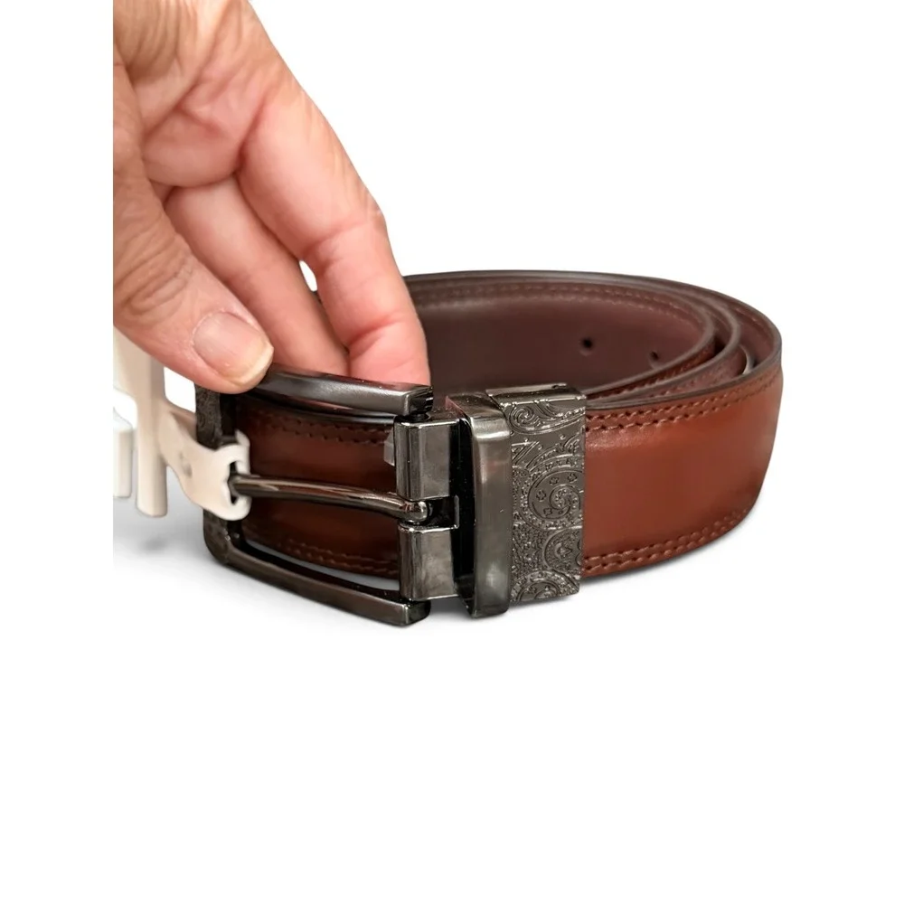 Robert Graham Reversible Belt 36 Brown Leather Paisley Engraved Buckle Gunmetal